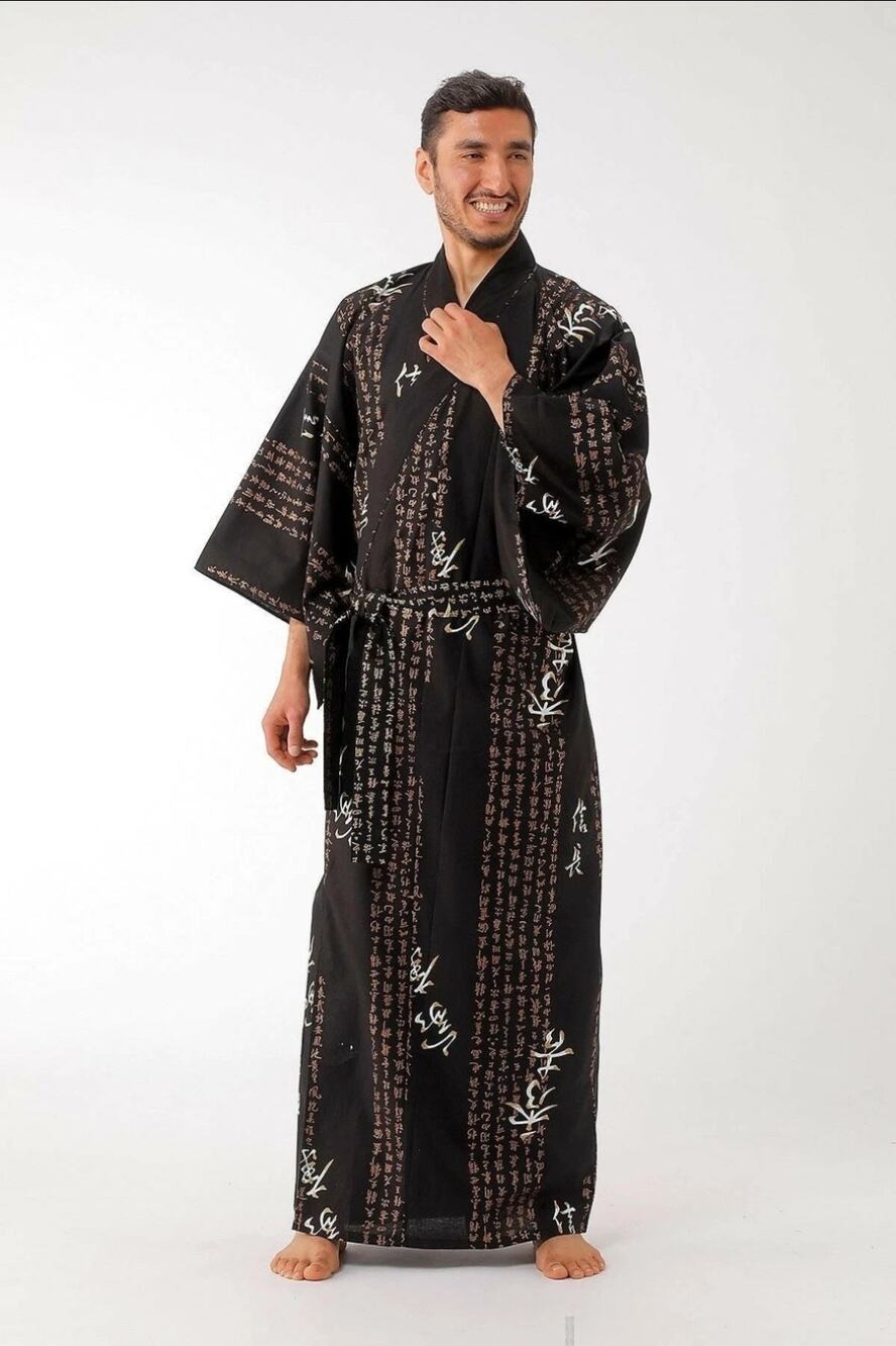 Japanese Yukata Kimono Men Hideyoshi Cotton Robe Made in Japan Size Medium Euc